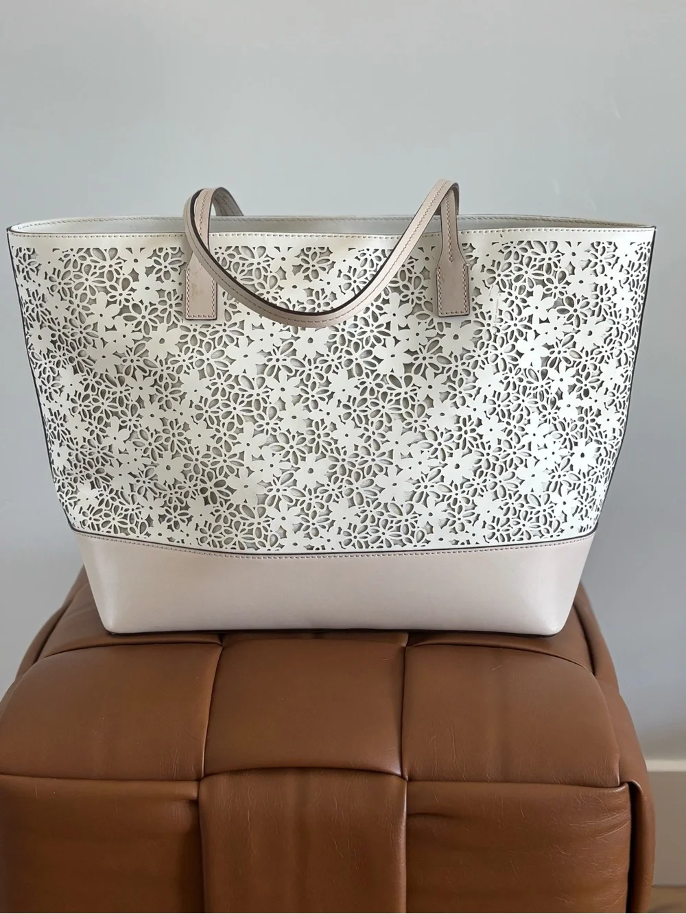kate spade Cream Laser-Cut Floral Tote with Pale Pink Trim